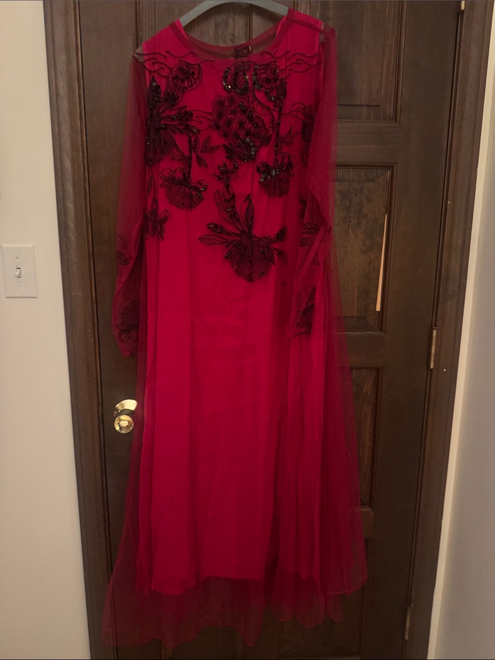Lulusar Red Embroidered Mesh Evening Desi Dress